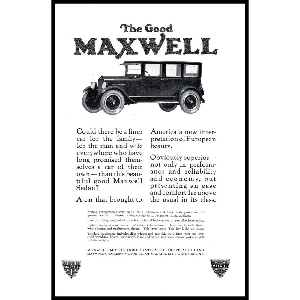 1924 Maxwell Motor Company Antique Car Sedan Vintage Print Ad Man Cave Wall Art